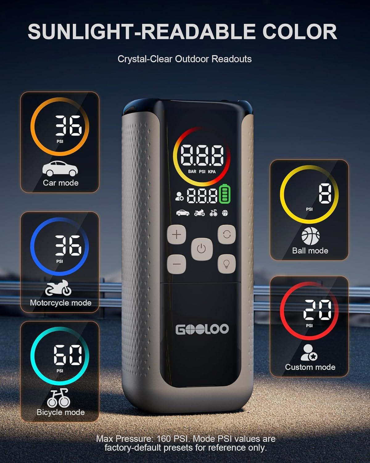 imageGOOLOO GT160 DUAL Tire Inflator Portable Air Compressor 4X Faster Dual Cylinder ampamp Upgraded Color LED Screen Portable Air Pump for Car Tires Auto Shutoff Electric Bike Tire Pump with Pressure Gauge