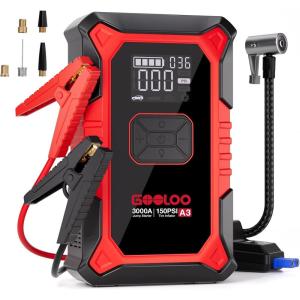 imageGOOLOO A3 Jump Starter with Air Compressor 3000A Portable Car Battery Booster 90 Gas65L Diesel with 150PSI AutoShutoff Tire Inflator 12V Supersafe Lithium Jump Box Car Battery Jumper StarterRed