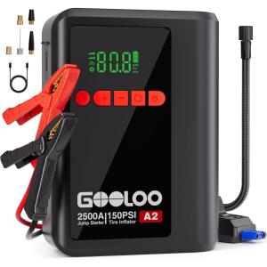 imageGOOLOO A2 8in1 Jump Starter with Air Compressor Car Battery Booster Up to 8L Gas6L Diesel 150 PSI Cordless AutoShutoff Tire Inflator 12V Supersafe Lithium Jump Box with Jumper Cablesblack