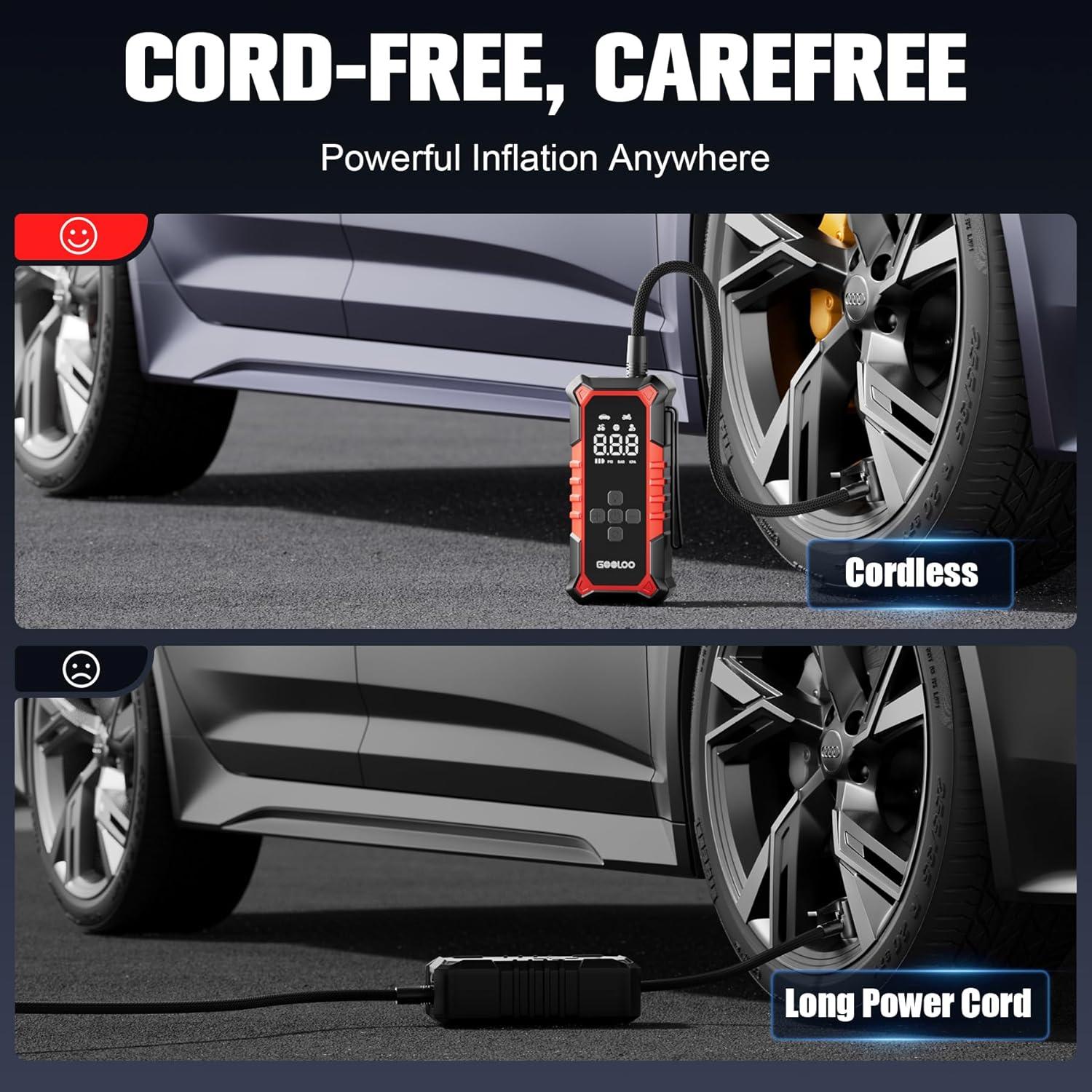 imageGOOLOO A6 Gear Portable Tire Inflator 160 PSI Portable Cordless Air Compressor with Digital Pressure Gauge amp LED Light for Cars Bikes Motorcycles and BallsRed