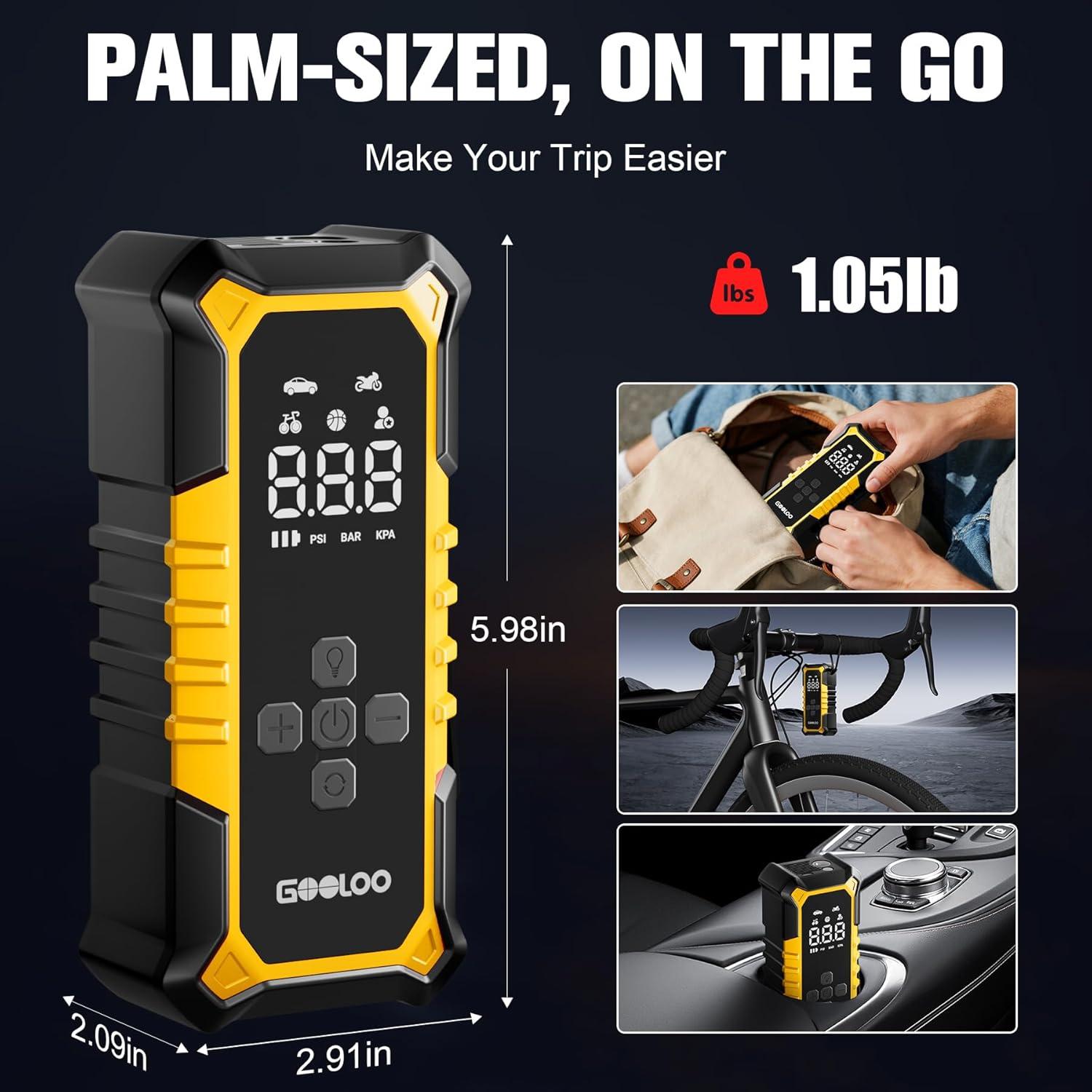 imageGOOLOO A6 Gear Portable Tire Inflator 160 PSI Portable Cordless Air Compressor with Digital Pressure Gauge amp LED Light for Cars Bikes Motorcycles and BallsYellow