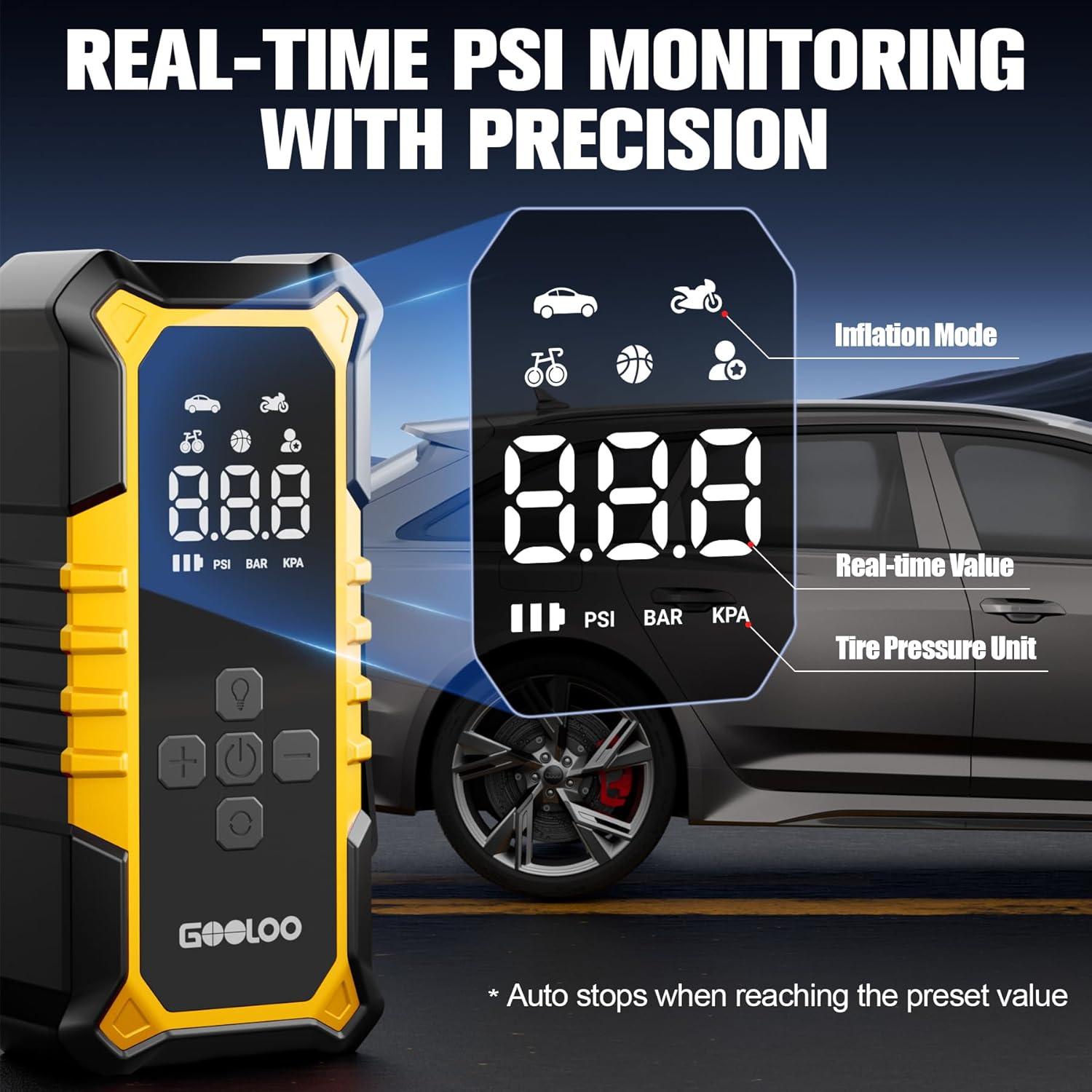 imageGOOLOO A6 Gear Portable Tire Inflator 160 PSI Portable Cordless Air Compressor with Digital Pressure Gauge amp LED Light for Cars Bikes Motorcycles and BallsYellow