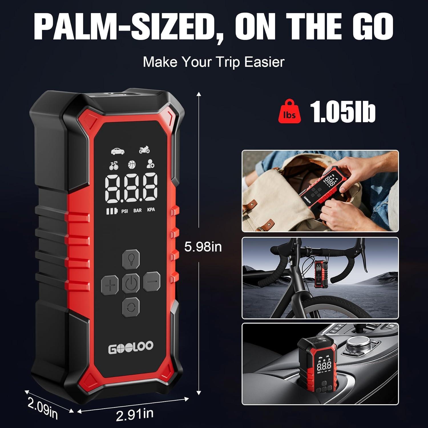 imageGOOLOO A6 Gear Portable Tire Inflator 160 PSI Portable Cordless Air Compressor with Digital Pressure Gauge amp LED Light for Cars Bikes Motorcycles and BallsRed