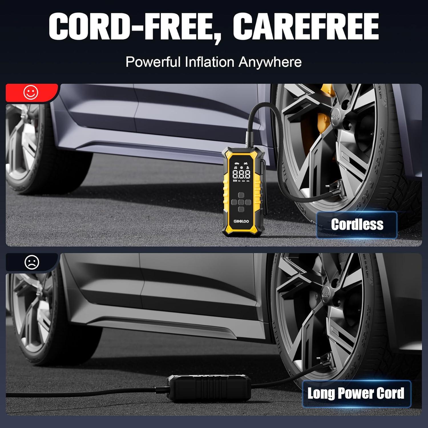 imageGOOLOO A6 Gear Portable Tire Inflator 160 PSI Portable Cordless Air Compressor with Digital Pressure Gauge amp LED Light for Cars Bikes Motorcycles and BallsYellow