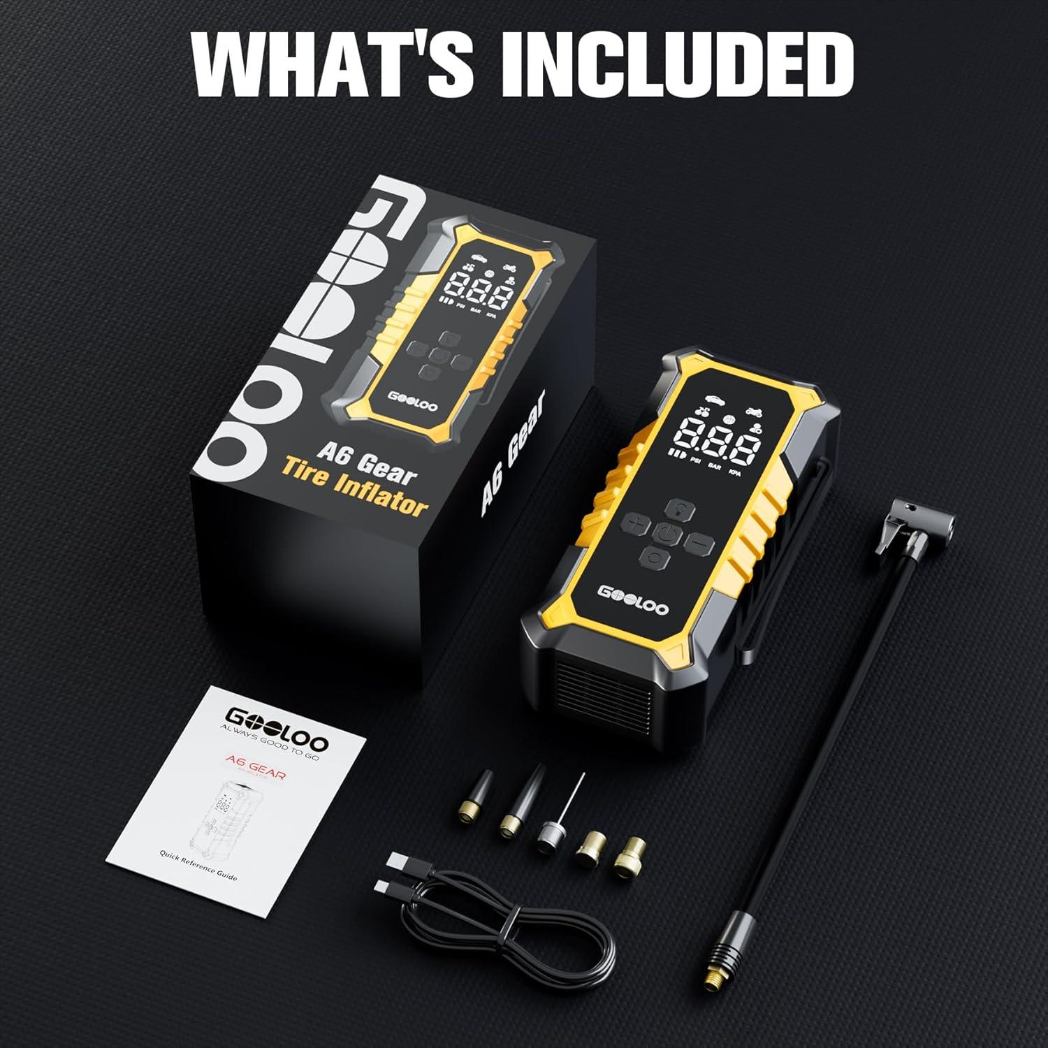 imageGOOLOO A6 Gear Portable Tire Inflator 160 PSI Portable Cordless Air Compressor with Digital Pressure Gauge amp LED Light for Cars Bikes Motorcycles and BallsYellow