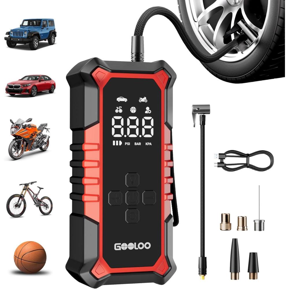imageGOOLOO A6 Gear Portable Tire Inflator 160 PSI Portable Cordless Air Compressor with Digital Pressure Gauge amp LED Light for Cars Bikes Motorcycles and BallsRed