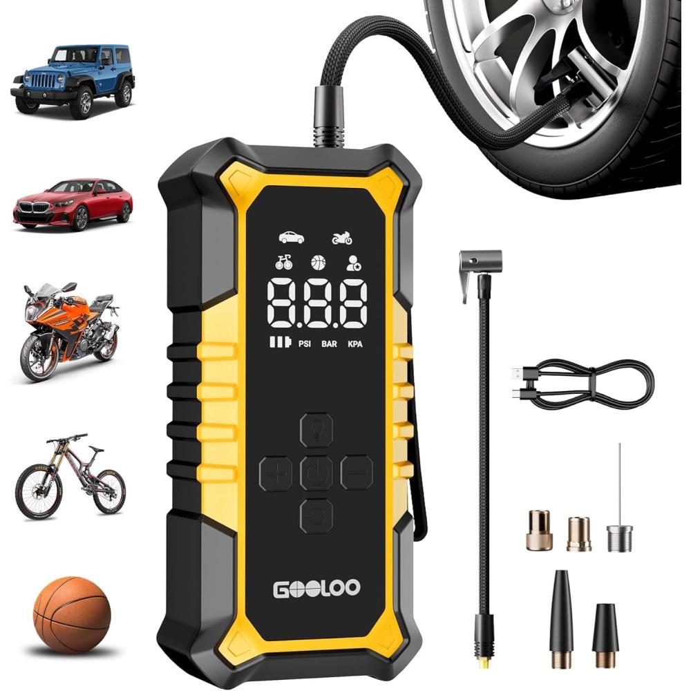 imageGOOLOO A6 Gear Portable Tire Inflator 160 PSI Portable Cordless Air Compressor with Digital Pressure Gauge amp LED Light for Cars Bikes Motorcycles and BallsYellow